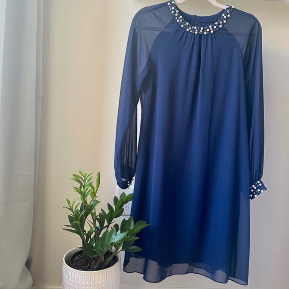 SLNY Navy Blue Long Sleeves Pearls Holiday Dress Size 8 - Picture 6 of 15